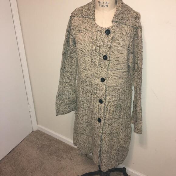 Guinevere Beige & Gray Wool & Cashmere Long Button Front Sweater L - Picture 1 of 10